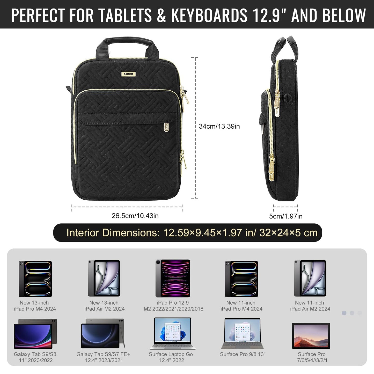 MoKo 13 Inch Puffer Tablet Sleeve Bag for New 13" iPad Air M4 2026 / Pro M5, iPad Pro 12.9" M2&M1, Galaxy Tab S8/S9 Plus 12.4", 360° Edge Protection Puffy Bag with Handle & Shoulder Strap, Black