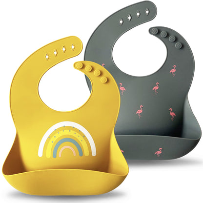 Moonkie Silicone Baby Bibs Set Of 2 | BPA Free Waterproof | Soft Flexible Adjustable Silicone Bibs for Babies & Toddlers(Dark Grey/Kodak)