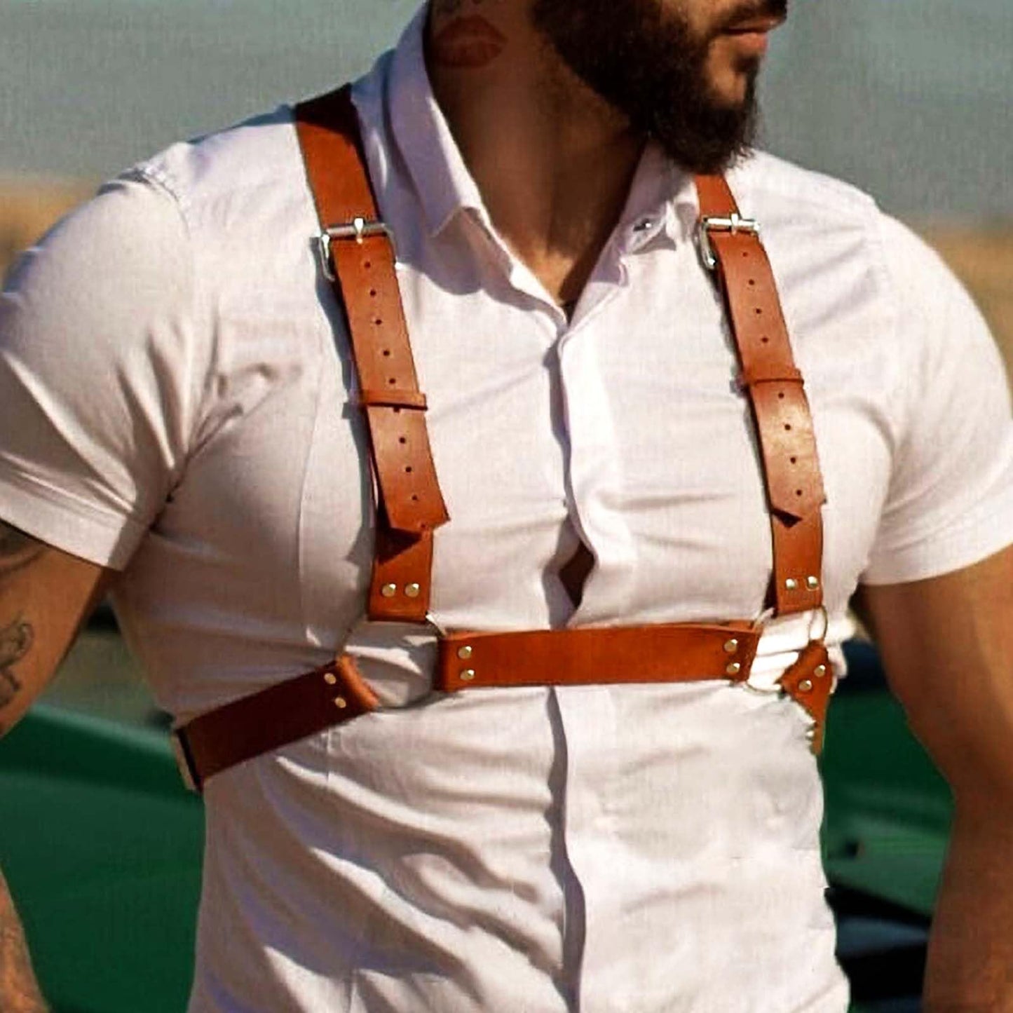 Fstrend Men's Mardi Gras Chest Harness, Brown Faux Leather Shoulder Belt Strap, Fashion Rave Outfits Body Accessory