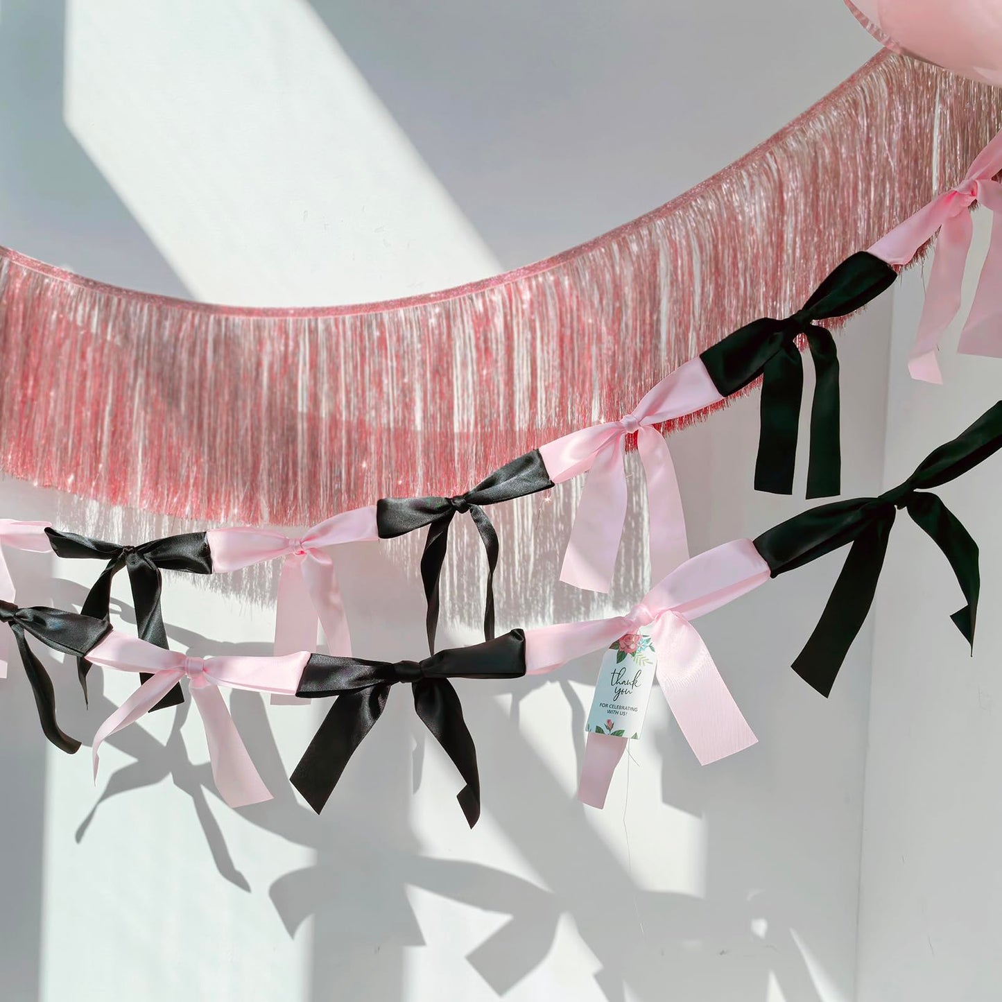 Eanjia Pink & Black Satin Bow Garland 6FT | Coquette & Cowgirl Birthday Banner, Pre-Tied Ribbon Bow Knot Decoration for Girls, Bridal Shower, Baby Room & Party Backdrop Decor