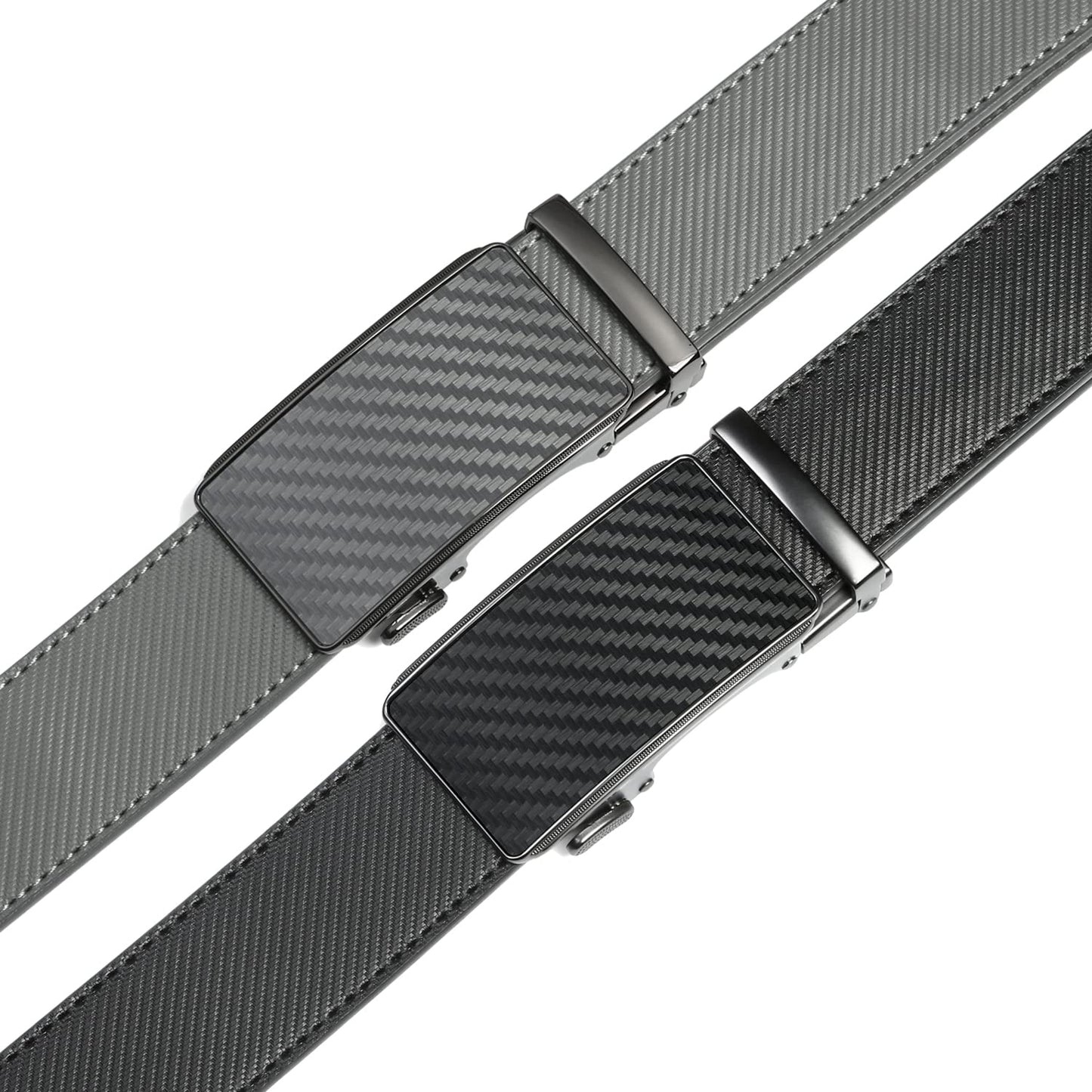 2 Pack Ratchet Belt 1 3/8", Leather Dress Belt with Click Sliding Buckle in Gift Set Box, Mens Adjustable Belt Trim to Fit (Carbon Fiber Black/Gray/Grey, 28"-42" Waist Adjustable)