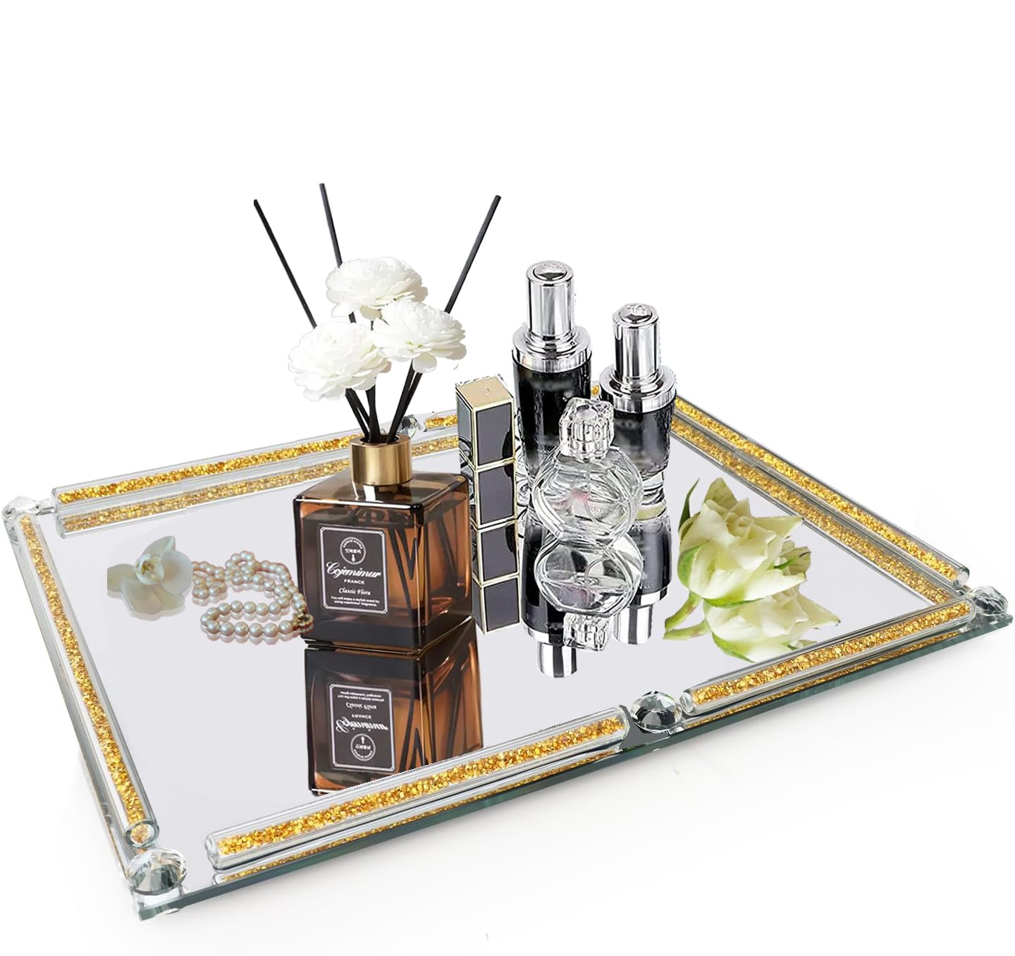 Large Gold and Glass Tray, 15.7" x 11.8" Crushed Diamond Mirror Perfume Makeup Display Tray, Noble Jewelry Trinket Cosmetics Crystal Makeup Organizer for Home Decor,Banquet Party (Golden)
