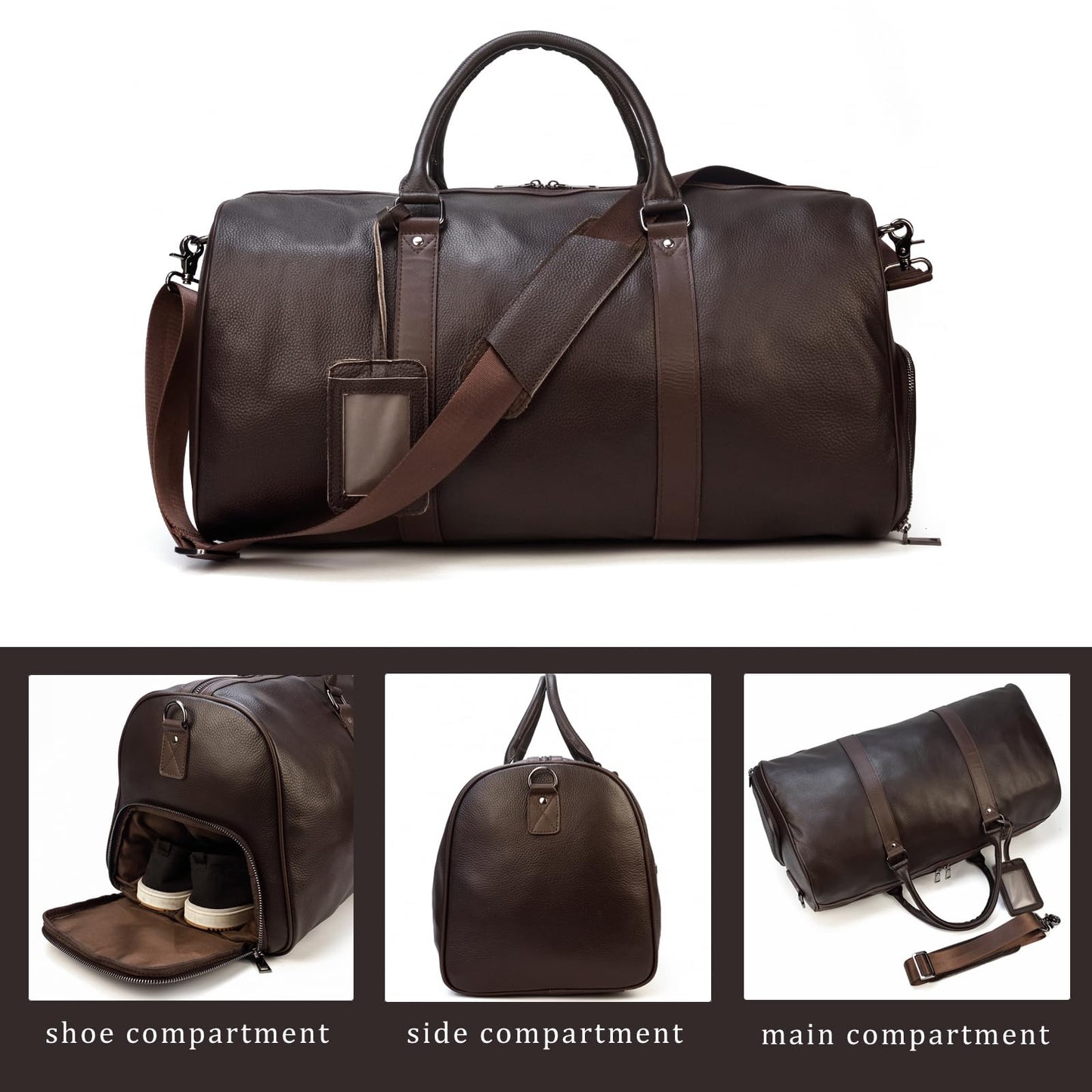 Leather Travel Duffle Bag with Shoe Pouch, Cabin Friendly Weekender Overnight Bags, Carry On Sports Gym Bag for Men Women