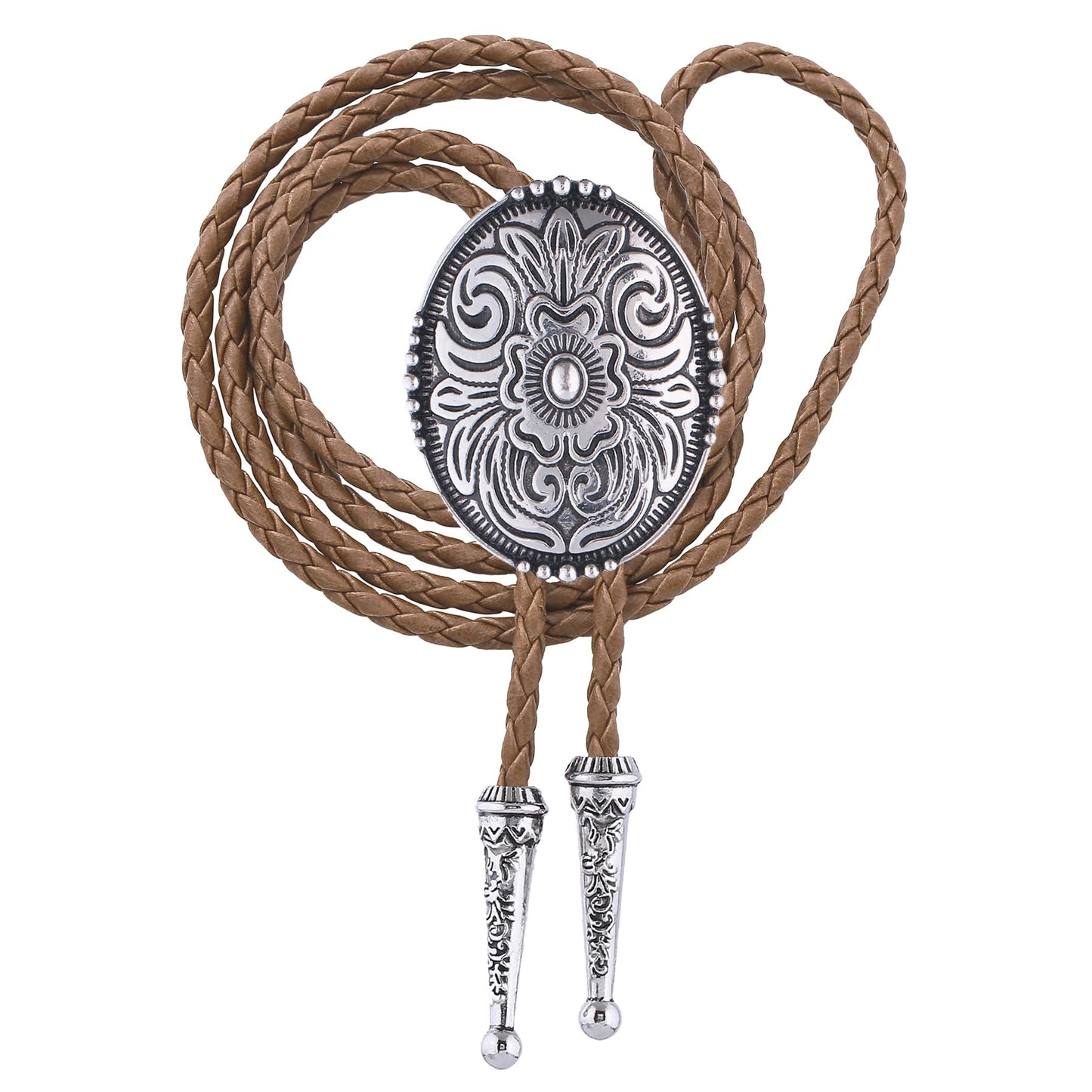 Jeilwiy Bolo Tie for Men Vintage Silver Floral Cowboy Mens Bolo Ties Western Brown Leather Cowboy Tie Adjustable