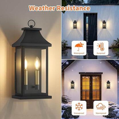 tewei 2-Light Black Outdoor Light Fixture, Porch Light Outdoor Wall Sconce Lantern, 22'' Exterior Lighting Fixture Wall Mount E12 Gold Base, Outside Light for House Backyard Garage, 1-Pack