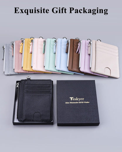 Teskyer Slim Card Holder Wallet with Zip Pocket, RFID Blocking, Total 9 Compartments Large Capacity, 3.5" x 4.7" (Slight Larger Than Usual), Faux Leather - Black