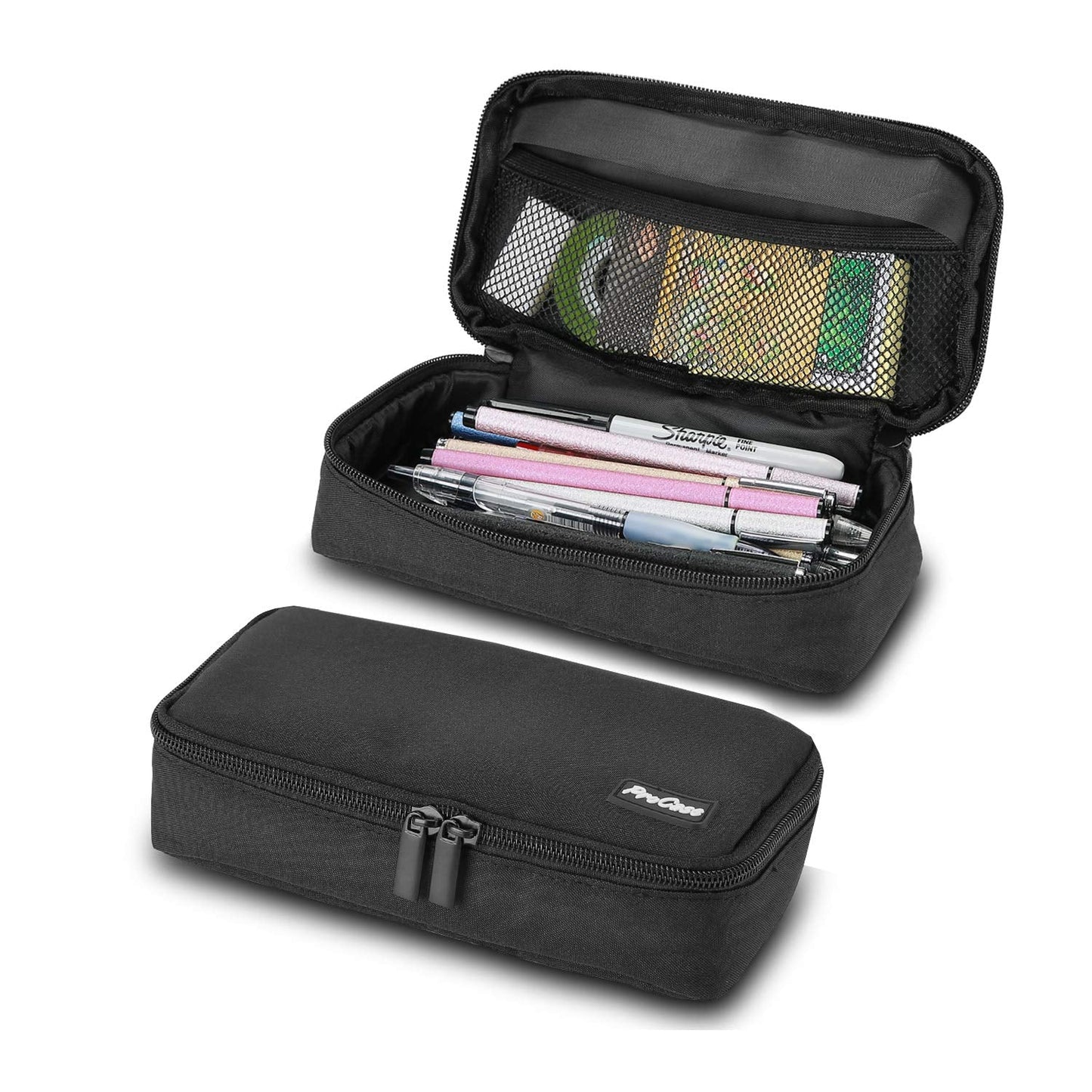 ProCase Pencil Case, Large Capacity Students Stationery Pouch Pen Bag Holder, Portable Desk Organizer with Double Zipper for School Office Supplies -Black