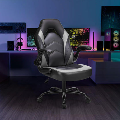 DUMOS Computer Game Desk Chair - Ergonomic PU Leather Lumbar Support, Height Adjustable High Back Video Game with Flip-up Armrest, Rolling Swivel for Adults, Grey