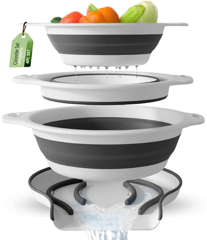 Collapsible Colanders (3 Pack Set) Food Strainers with Over-Sink Water Draining Base for Pasta Fruits and Vegetables, White (3 Sizes, 3QT, 4QT and 5 Quart)
