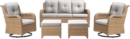 Rilyson Patio Furniture Swivel Chairs Set - 5 Piece Wicker Rattan Outdoor Sectional Conversation Sets with 2 Rocking Swivel Chairs,2 Ottomans and 1 Sofa for Porch Deck Garden(Yellow/Beige)