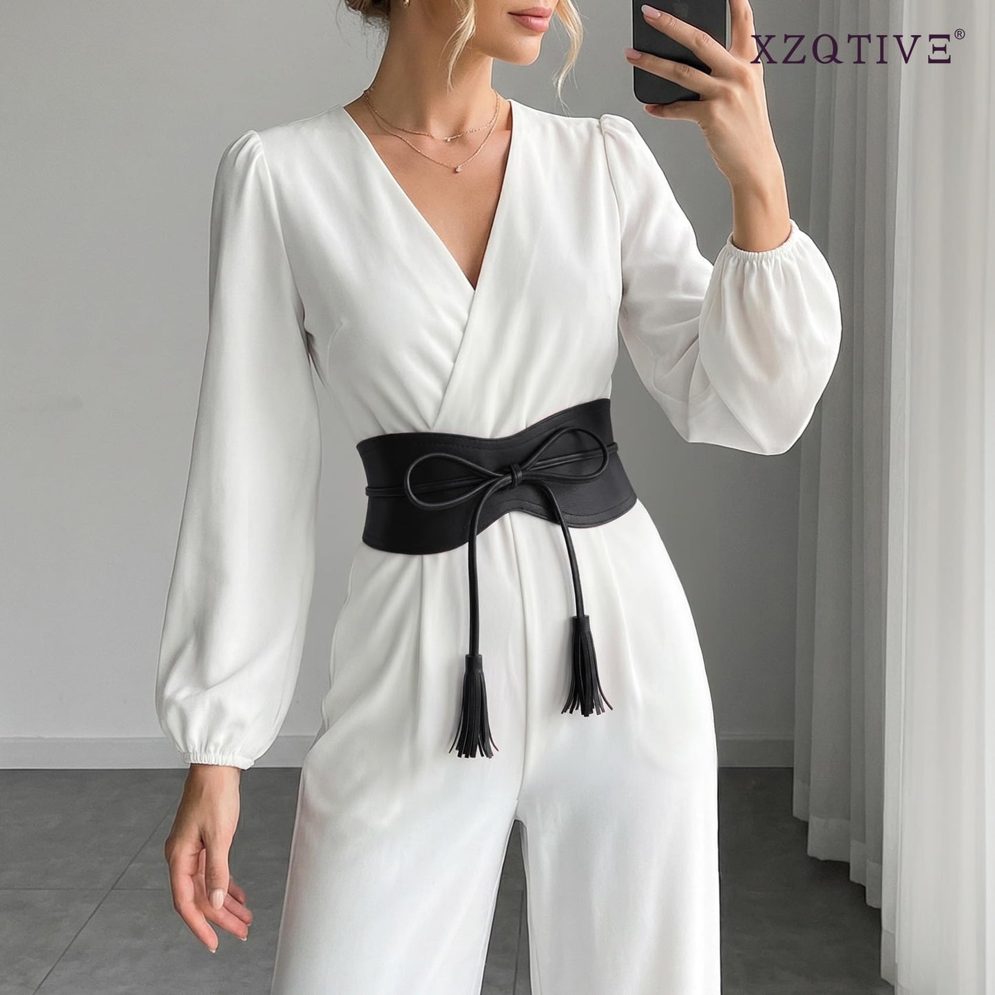 XZQTIVE Women Wide Belt for Dress Fashion Ladies Cinch Obi Belt Waistband with Tassel Tie, Black(M Fits Waist Size 29"-38")