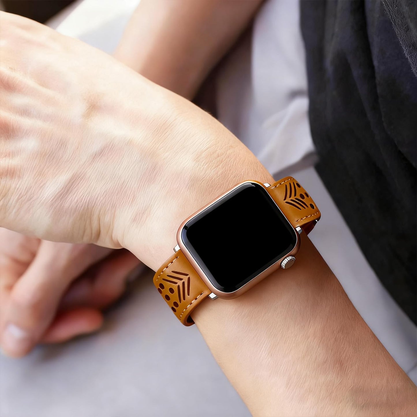 Hollow-out Genuine Leather Watch Band for Apple Watch, Dressy Strap for Women Lady Small Wrist, Compatible with Apple Watch Series 11 10 9 8 7 6 SE 3 2 1 Ultra 38mm 40mm 41mm 42mm 44mm 45mm 46mm 49mm