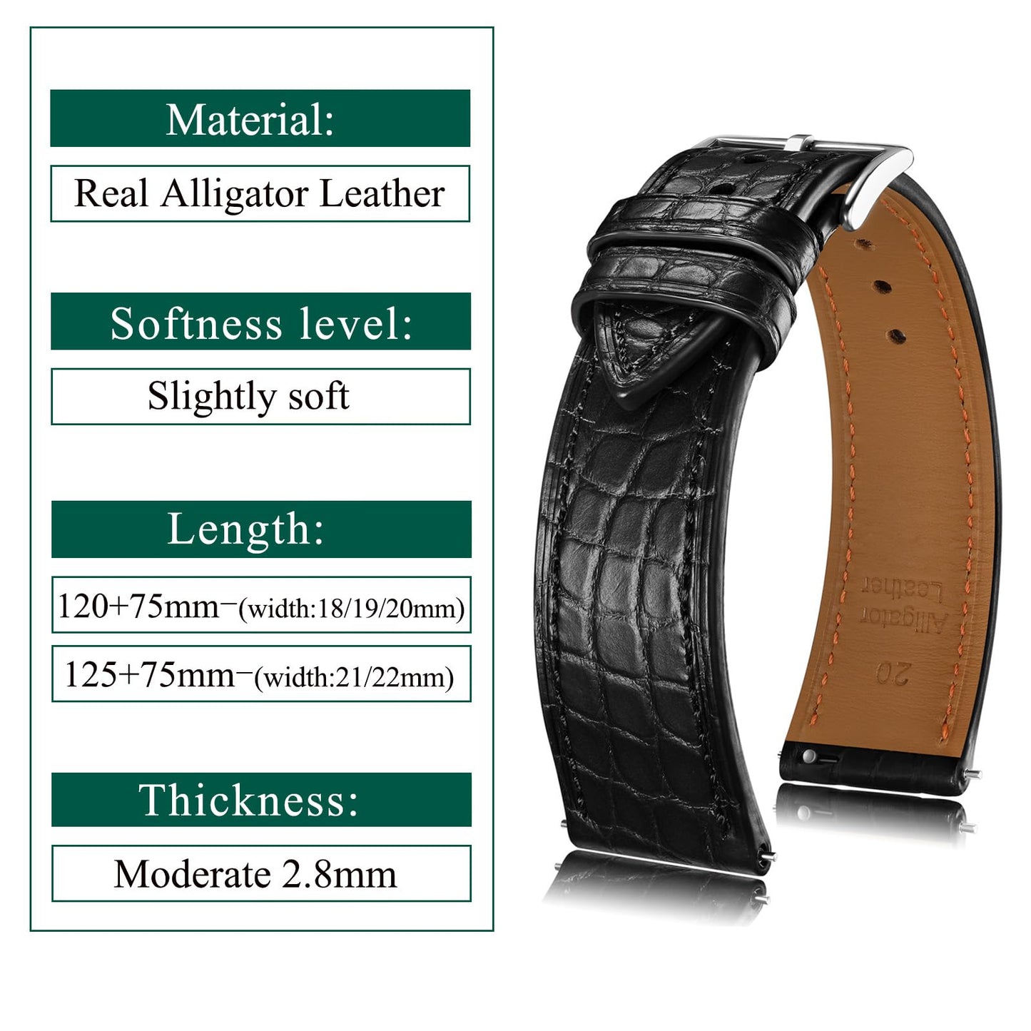 Getalia® Genuine Alligator Leather Watch Band, Crocodile Grain Strap with Quick Release, 18 20 22mm Replacement Watch Strap for Men and Women（Brown-Width:20mm）