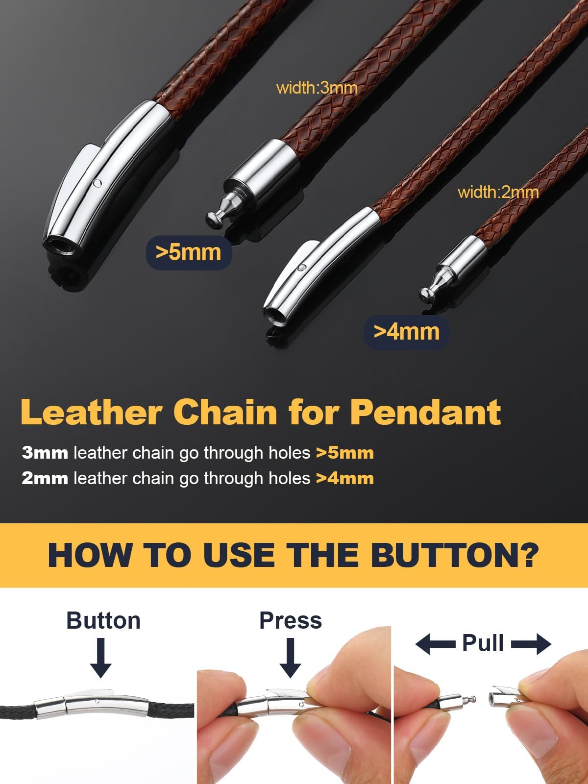 U7 Men Women Braided Leather Cord Necklace with Stainless Steel Snap Clasp 3mm Wide DIY Waterproof Woven Brown Rope Chain 20 Inch