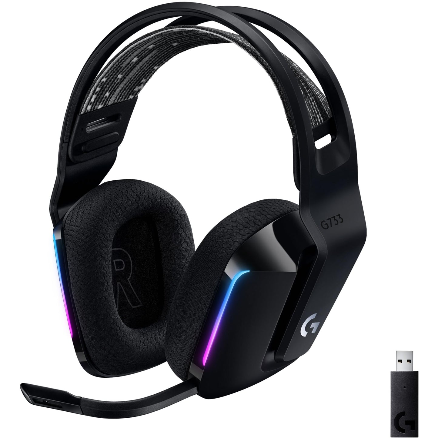 Logitech G733 Lightspeed Wireless Gaming Headset with Suspension Headband, LIGHTSYNC RGB, Blue VO!CE mic Technology and PRO-G Audio Drivers, Lightweight, 29 Hour Battery Life, 20m Range - Black