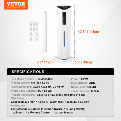VEVOR Humidifier for Home Large Room, Commercial Humidifier for Whole House 1291.7 sq ft, 16L Water Tank & Night Light & 12h Timer & Auto Shut-Off, Greenhouse, Commercial Branch Tube w/ 360° Nozzle