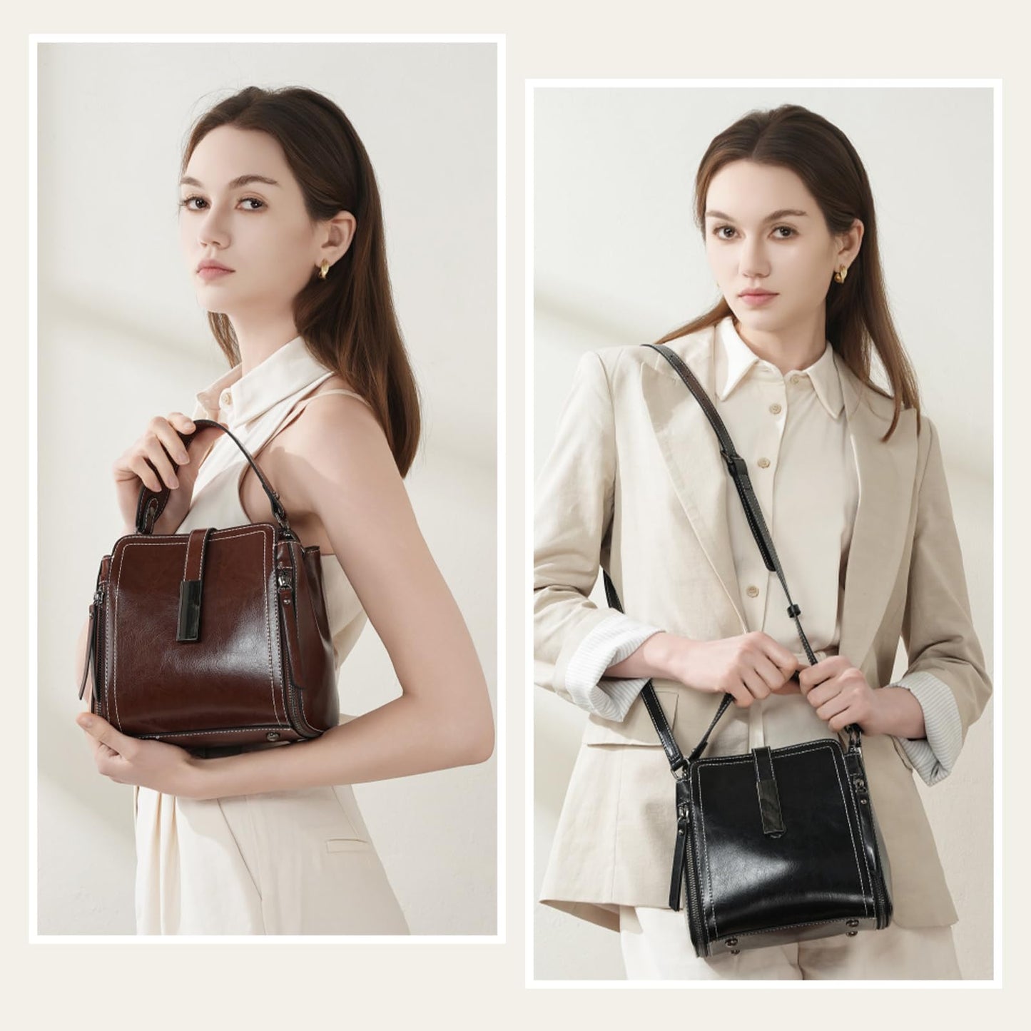 MoreFarther Genuine Leather Crossbody Bags for Women, Genuine Leather Purses Bucket Bags Shoulder Bag with Adjustable Shoulder Straps (White)