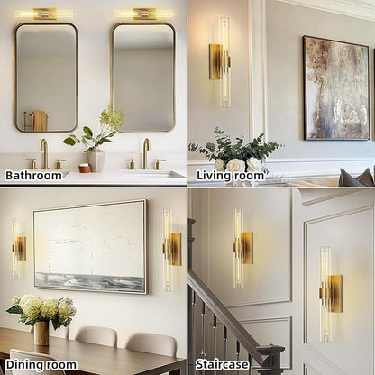 Brass Vanity Light Hardwired, 2-Light Bathroom Wall Sconce Over Mirror, 22.8" Gold Vanity Lights for Bathroom, Dimmable Wall Sconce with Glass Tube, Linear Wall Sconces for vertical and horizontal