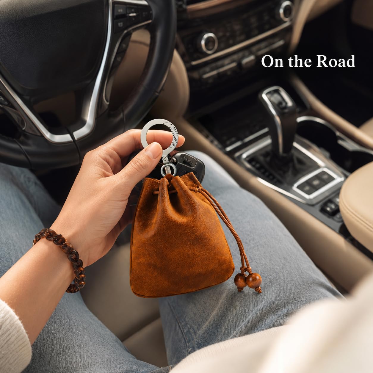 SICOPERT Mini Leather Drawstring Coin Purse with Titanium Alloy Key Ring, Genuine Crazy Horse Leather Small Pouch Keychain Wallet for Coins, Keys, Earbuds, Jewelry, Essentials, Gift for Women and Men