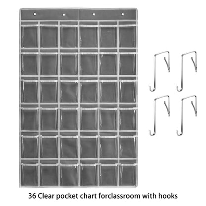 SAVERHO 36 Clear Pockets Classroom Pocket Chart for Cell Phones and Calculator Holder, Pocket Chart for Classroom Phone Holder with Number Stickers and Hooks (Grey)