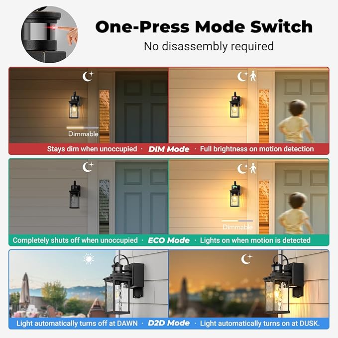 Outdoor Wall Sconce Lights with GFCI Outlet, Modern Black Gold Trim Motion Sensor Outdoor Garage Lights Wall Mount Sconce Lantern, Die-cast Aluminum Exterior Lighting Fixtures for House, Porch