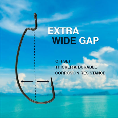 Reaction Tackle Offset EWG Worm Hooks - Super Strong Wide Gap Texas Rig Hooks for Soft Plastic Baits - High Carbon Steel Bass Fishing Hooks - Heavy Cover #3/0 (25-Pack)