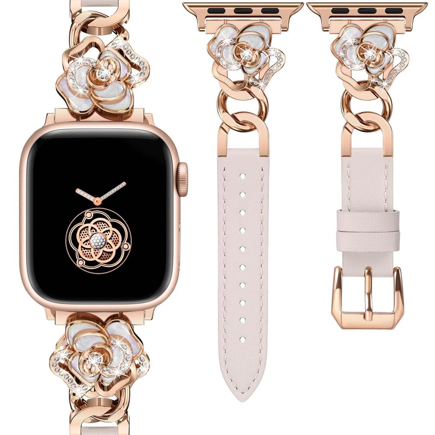 Minyee Compatible with Apple Watch Band 38/40/41/42mm Women, Dressy Elegant Leather Metal Chain Strap with Bling Camellia Charms for iWatch Series 11 10 9 8 7 6 5 4 SE/Ultra 3 2 1,Starlight/Rose Gold