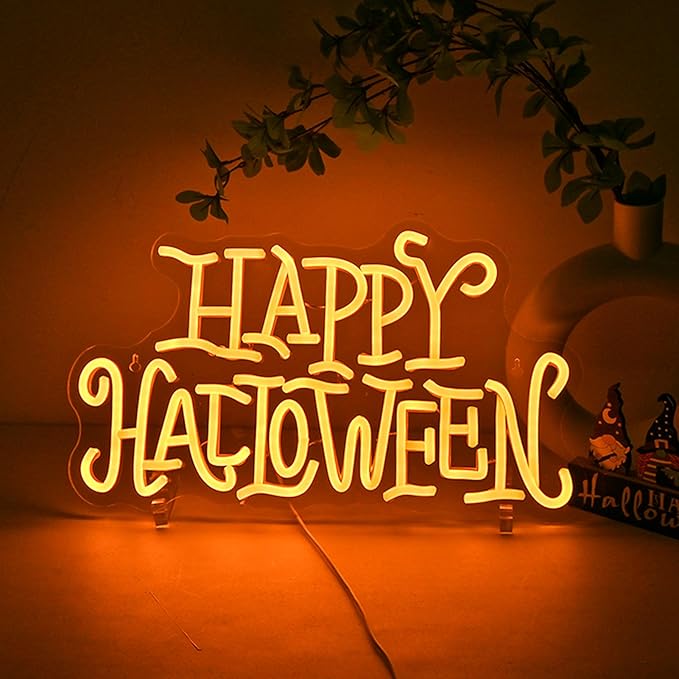 Wanxing Happy Halloween Neon Light Sign Golden Yellow Letter Led Nights for All Hallows' Day Party Wall Decor Art Decorations As a Gift for Children Friends Family 16.5'' * 19.4''