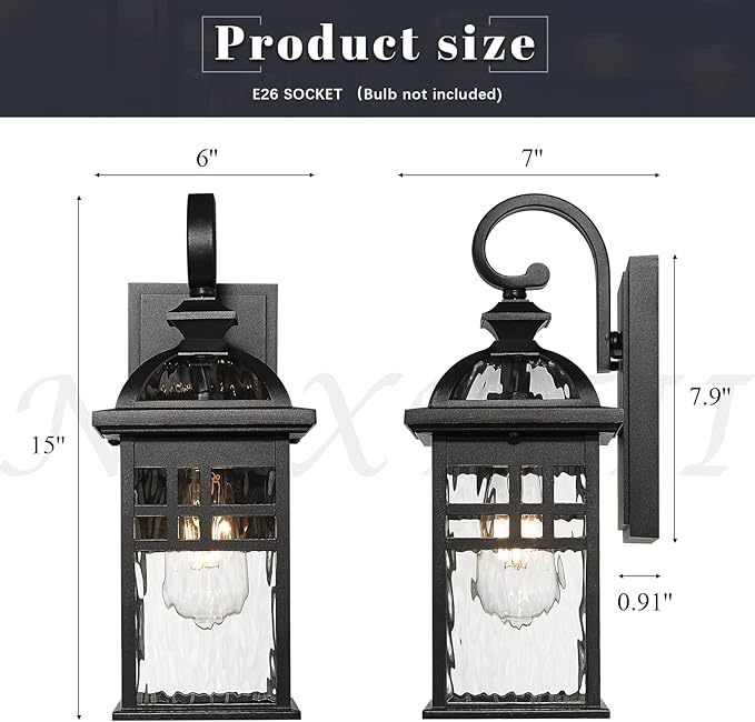 Outdoor Wall Lights Waterproof Exterior Lighting Fixture 15 Inch Height Black Porch Light Outdoor with Water Ripple Glass E26 Socket