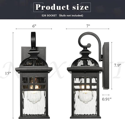 Outdoor Wall Lights Waterproof Exterior Lighting Fixture 15 Inch Height Black Porch Light Outdoor with Water Ripple Glass E26 Socket