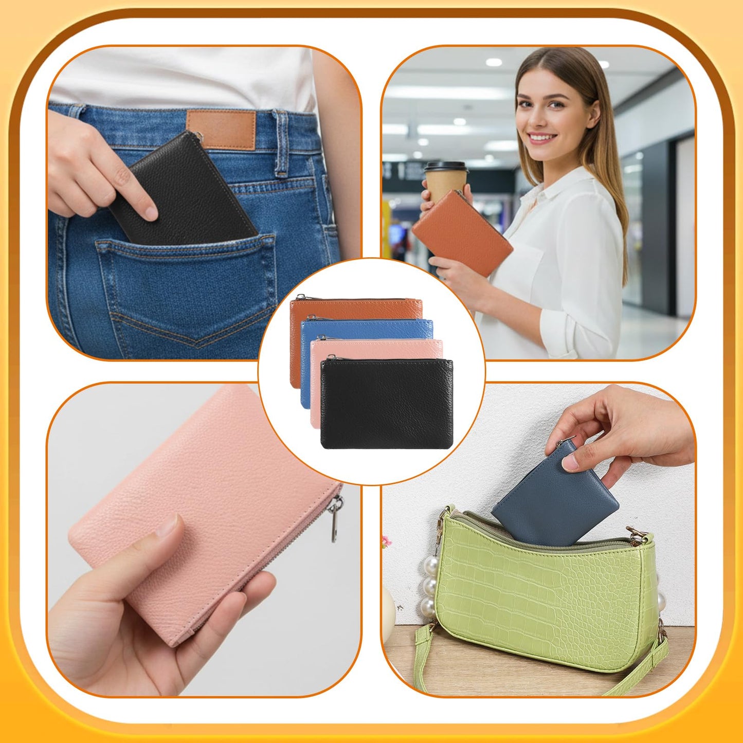 4 Pcs Small Coin Purse, Leather Change Purse with Zipper, Small Coin Purses Wallet Pouch Portable Coins Bag Change Purses for Men Women, Coins, Key