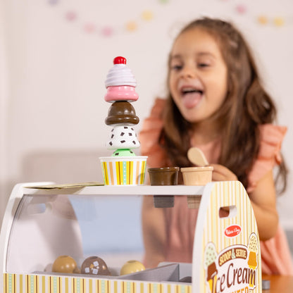 Melissa & Doug Wooden Scoop & Serve Ice Cream Counter, Pretend Play Store, 28 Toy Food & Play Kitchen Accessories, Preschool Toys for Girls & Boys 3+