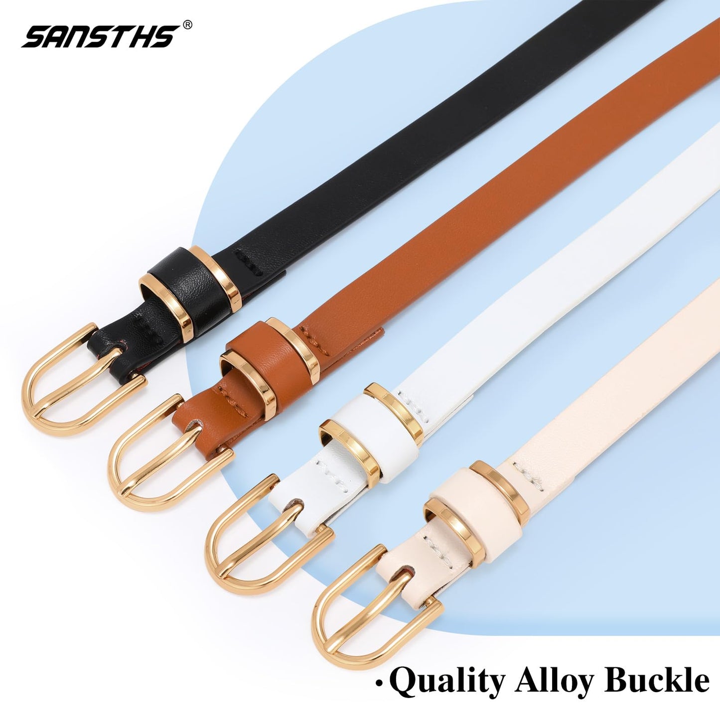SANSTHS 4 Pack Women Thin Belts for Jeans Dresses Coats Skinny Women Belt with Gold Alloy Buckle, Black+Brown+White+Leopard M