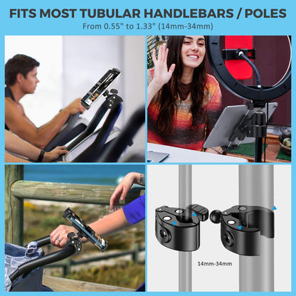 KDD Spin Bike Tablet Holder Mount, Phone iPad Holder Stand Exercise Bike Handlebar Mount for Stationary Bicycle, Treadmill, Microphone Stand, Fit for iPad Pro 12.9, Galaxy Tabs, iPhone(4.7-13”)
