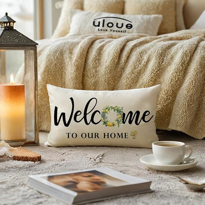 ULOVE LOVE YOURSELF Lemon Welcome Throw Pillow Covers 12 x 20 Inch Summer Holiday Decorative Lumbar Pillowcases Farmhouse Fresh Lemon Cushion Covers for Front Porch Decor