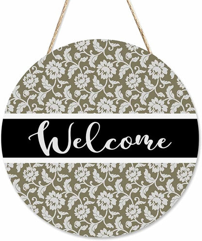 Welcome Sign Front Door Decoration Retro Floral Pattern 12in Round Wooden Hanging Sign for Home Garden Farmhouse Yard