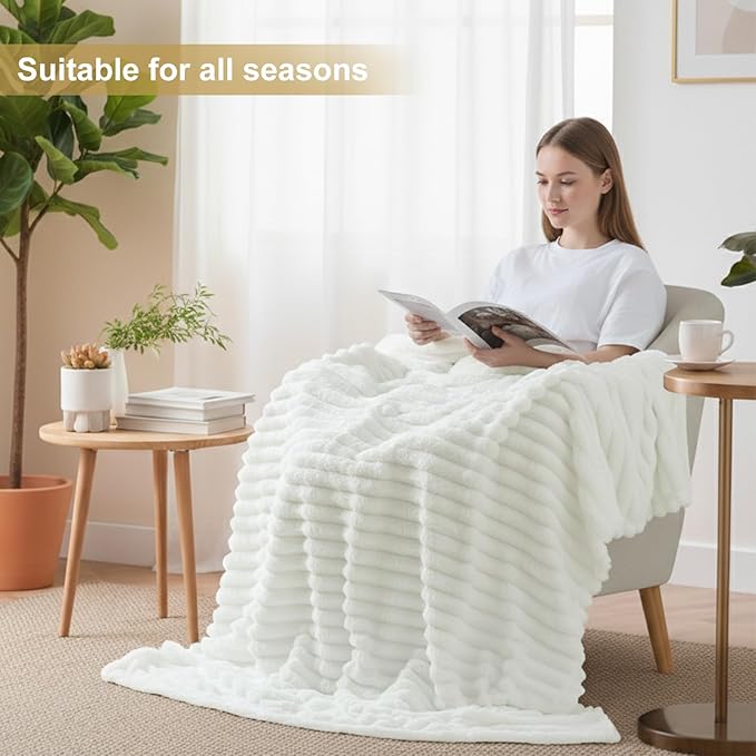 decorUhome Soft Fleece White Twin Blanket for Bed, Cozy Fluffy Plush Flannel Striped Throws for Couch Sofa, Lightweight Decorative Ribbed Fuzzy Blanket for Woman, 60x80 Inches