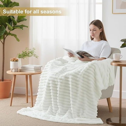 decorUhome Soft Fleece White Blanket Queen Size for Bed, Cozy Fluffy Plush Flannel Large Striped Throws for Couch Sofa, Lightweight Decorative Fuzzy Blanket for Woman, 90x90 Inches