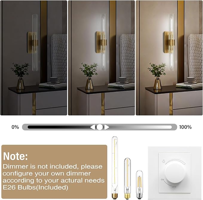 Brass and Glass Wall Sconces, 22.8" Vanity Lights for Bathroom 2 Lights, Horizontal or Vertical Linear Gold Wall Lamp, Indoor Sconces Wall Lighting, Tube Sconce for Living Room, Hallway