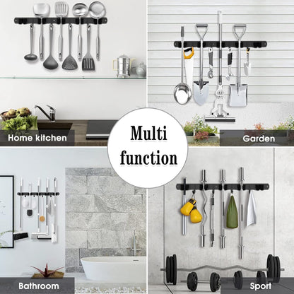 AceMining 5 Racks and 4 Hooks Mop and Broom Holder Wall Mount, Broom Organizer Storage Tool Racks Stainless Steel Heavy Duty Hooks Self Adhesive Solid Non-slip for Home Kitchen Garden Laundry Garage