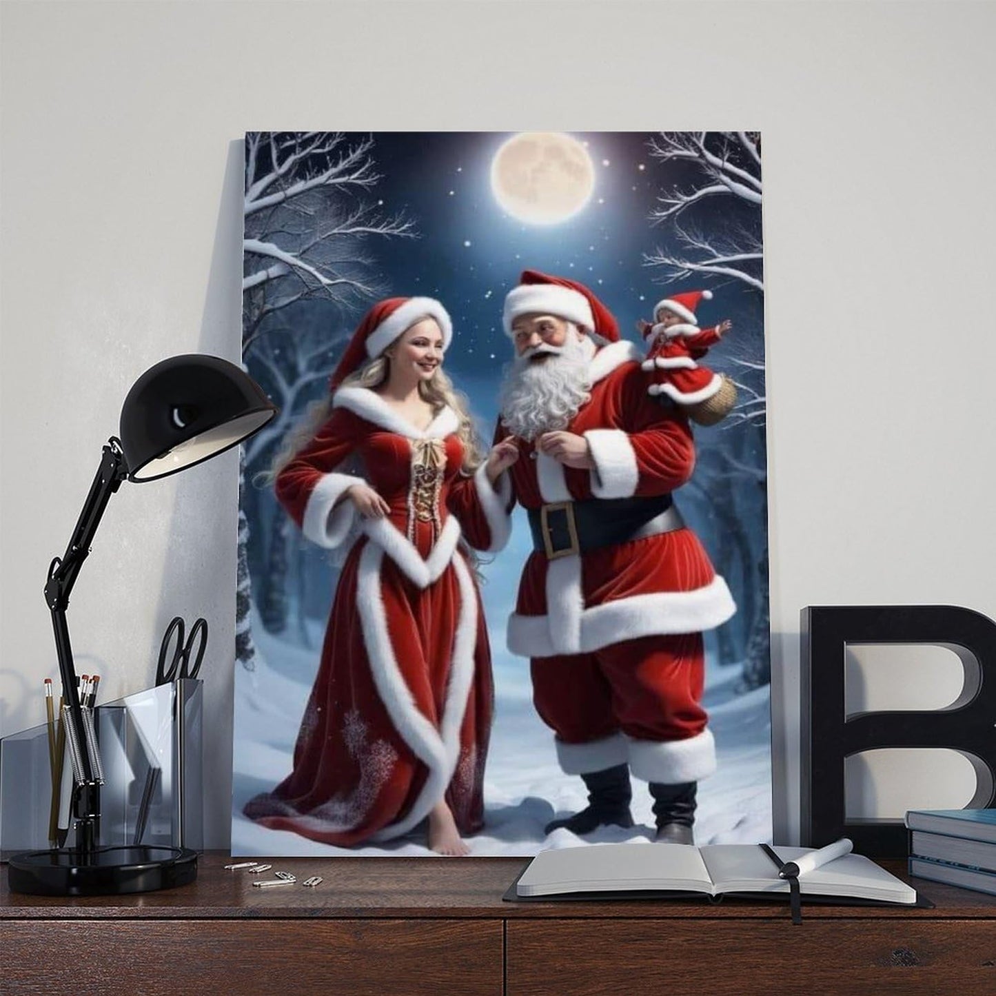 Santa Claus Family Figurine Set Christmas Decorations Including Mrs. Santa Claus Poster Wall Art Decor Print Picture Paintings for Living Room Bedroom Decoration Frame 24x36inch