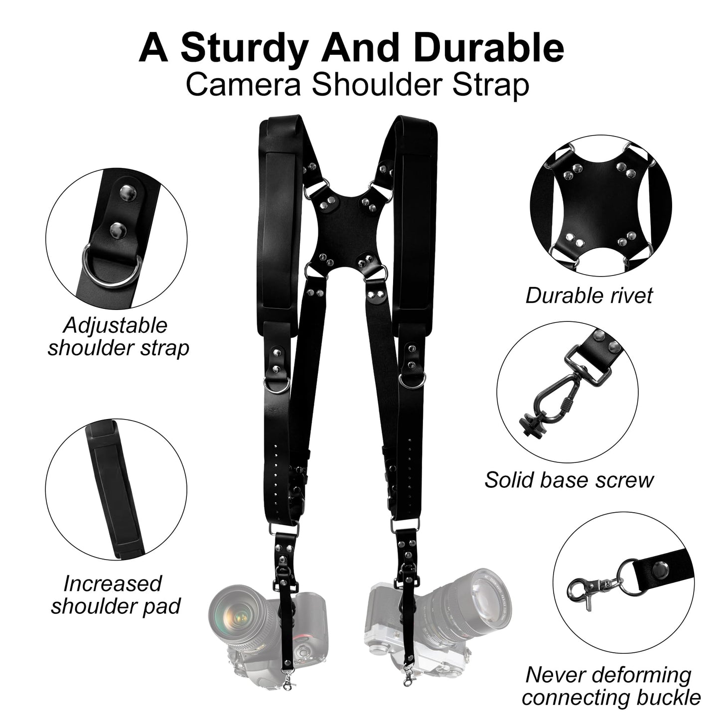 Yunzuiyue Double Camera Strap, Shoulder Camera Strap Harness Leather Dual Camera Strap for Two DSLR/SLR Cameras, Adjustable (Black