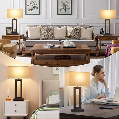 Modern 22" Tall Bedside Lamps for Night Stands - Touch 3 Way Dimmable Bedroom Lamps (Set of 2) with USB C+A (Beige & Black)