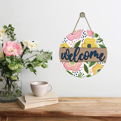 Welcome Spring Summer Flower Front Door Sign, Pink Yellow Floral Wood Door Hanger Outdoor Outside Porch Decor, Farmhouse Wooden Wreath Indoor Wall Hanging Decoration