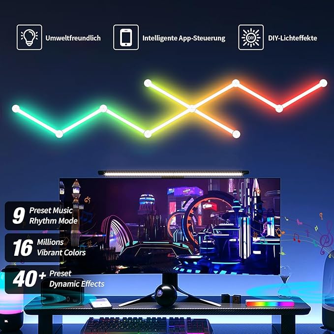 LED Smart Glide Wall Line Light, WiFi RGB LED Wall Lights for Gaming Room, 16M+ Colors, Music Sync, Compatible with Alexa and Google Assistant(9 Light Lines,White)