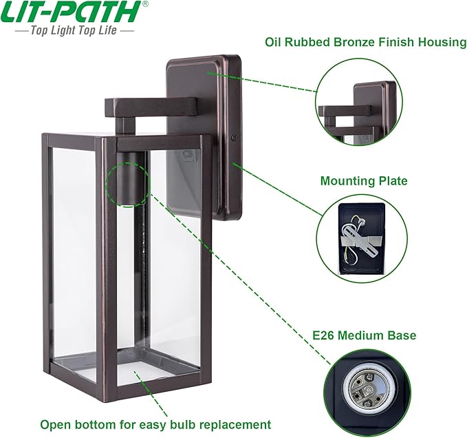 LIT-PaTH Outdoor Wall Lantern, Wall Sconce as Porch Lighting Fixture, E26 Medium Base Max 60W, Anti-Rust Metal with Glass Shade, Oil Rubbed Bronze Finish, 2-Pack