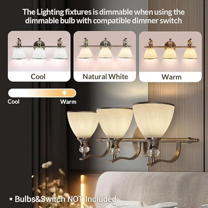 ANDY STAR Bathroom Light Fixture, 3-Light Bathroom Vanity Light Brushed Nickel, Vintage Wall Sconce with Hand-Painted Frosted Lampshade, Wall Lamp in Silver Finish for Bedroom, Living Room, Restroom