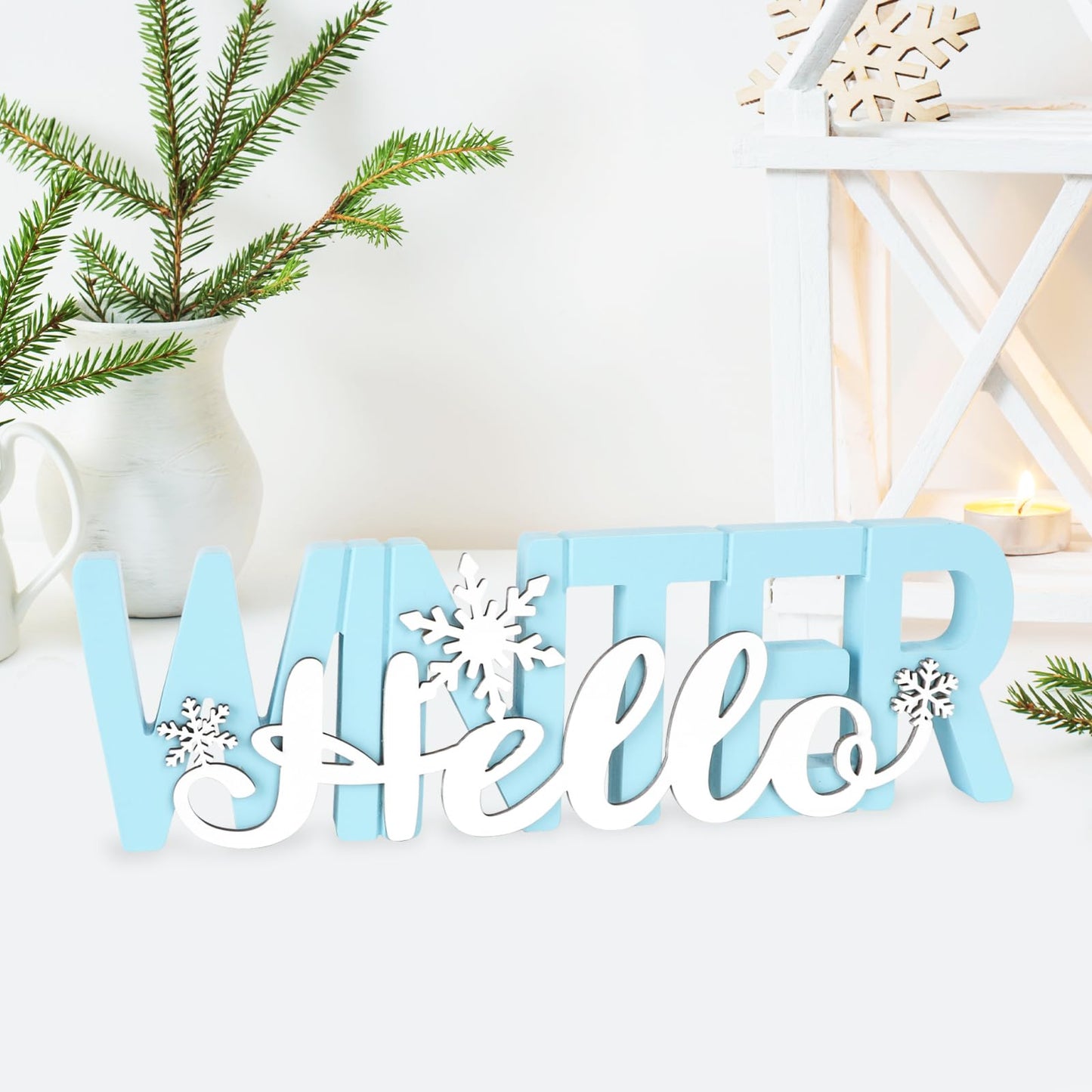 COCHIE Wooden Hello Winter Sign, Holidays Snowflake Decorations for Home, Office, Shelf, Mantel, Indoor, Wood White Snowflake Decor, Blue Table Top Party Supplies Decoration (Winter)