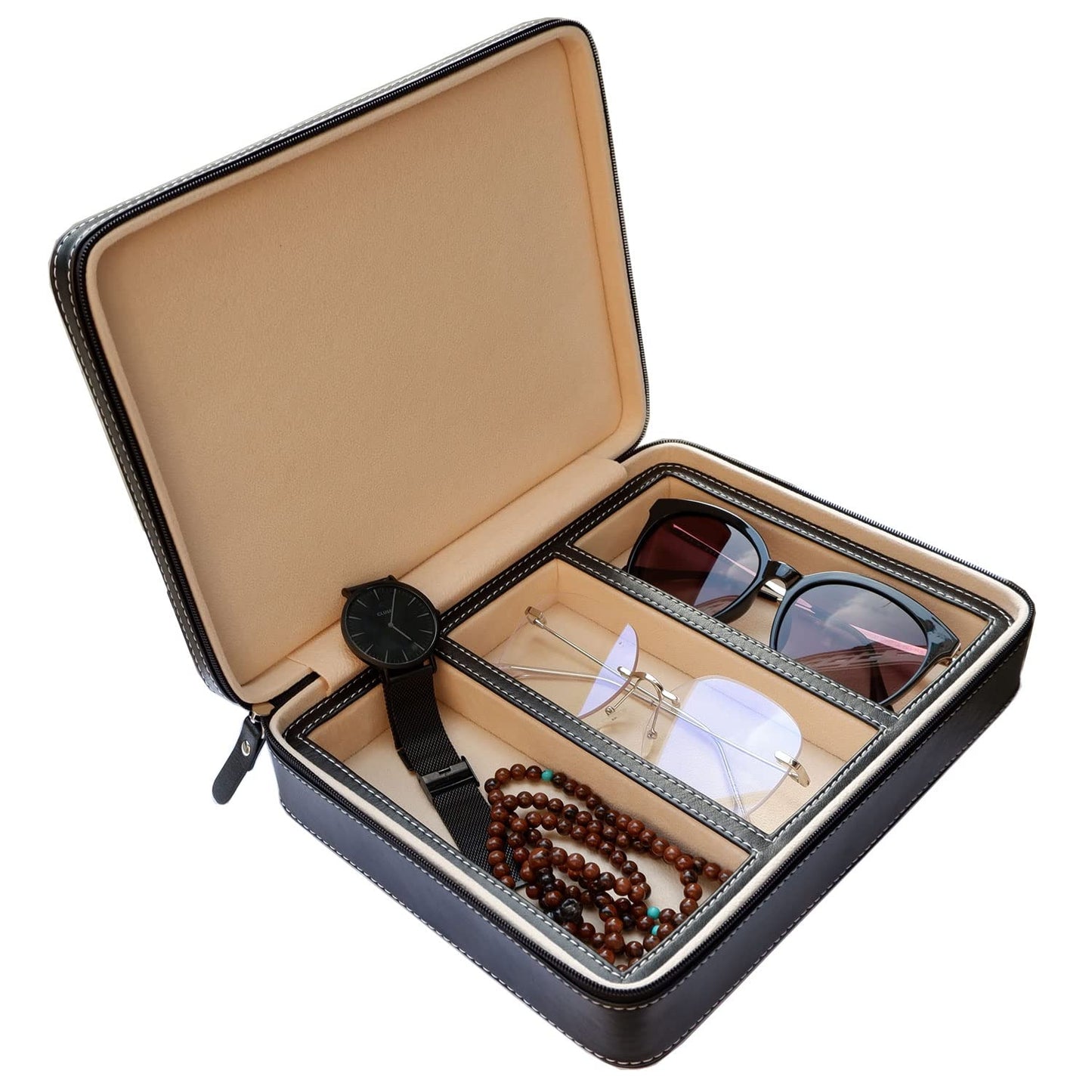 Beaufort 3 Slots PU Leather Eyeglasses Storage Box Sunglasses Box Jewelry Display Case Watch Box for Women Men