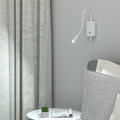 LED Wall Mounted Bedside Reading Light, Touch Dimmable Spot Lamp for Bedroom Headboard Light with 5V2A USB Port, Flexible Gooseneck, 4 Brightness Levels, Neutral White 4000K Lighting